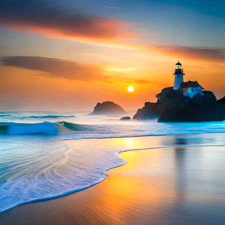 Lighthouse on the beach at sunrise. Beautiful seascape.の素材