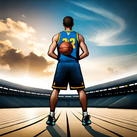 Basketball player with ball on the background of the stadium. Vector illustrationの素材