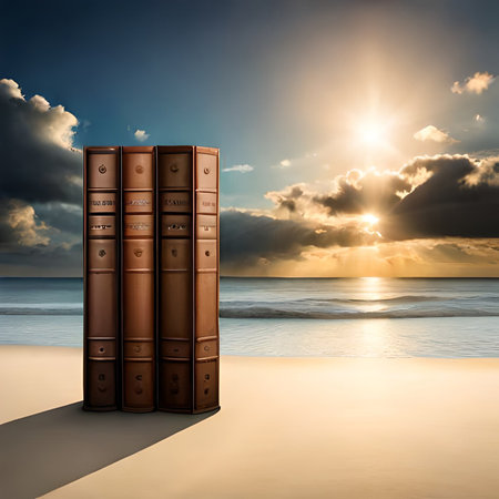 Composite image of stack of books on the beach at sunsetの素材