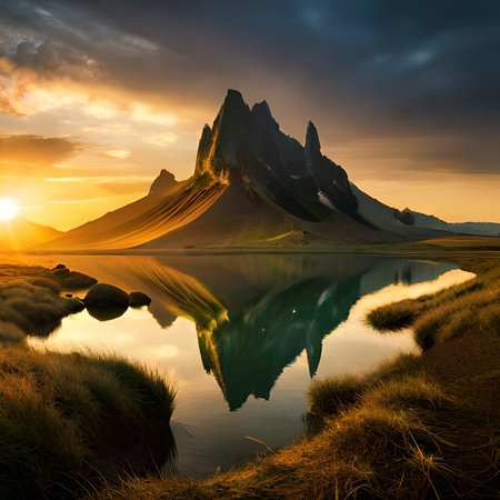 Fantastic sunset over Stokksnes and Kirkjufell mountain. Location: Kirkjufell, Iceland, Europeの素材