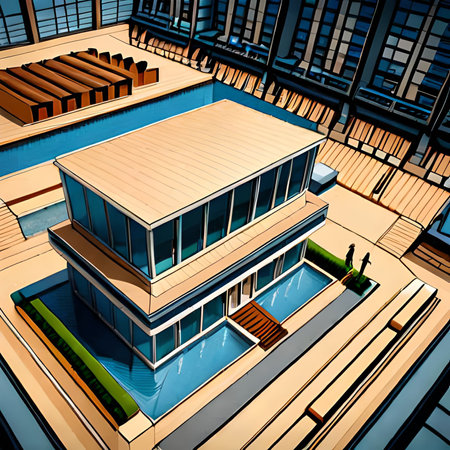 3d render of a modern house with a swimming pool and deckの素材