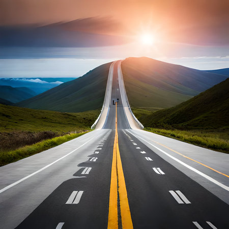 Highway in the mountains at sunset. Concept of travel and success.の素材