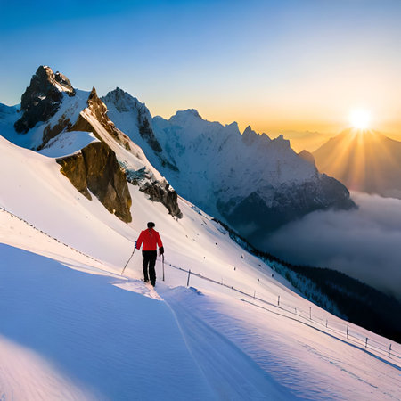 Hiker on the snowy slope at sunset. Beautiful winter landscape.の素材