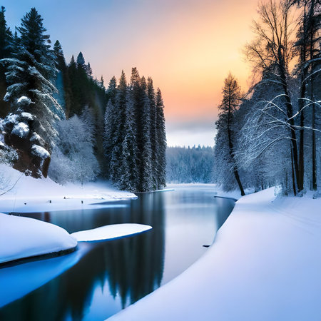 Fantastic winter landscape with snow covered trees and river at sunset.の素材