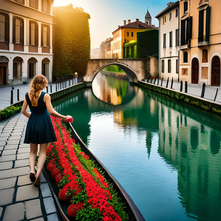 Beautiful young woman in a black dress walking on a canal in Venice, Italyの素材