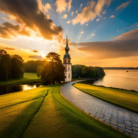 Sunset over the lake with church in Kolomna, Russiaの素材