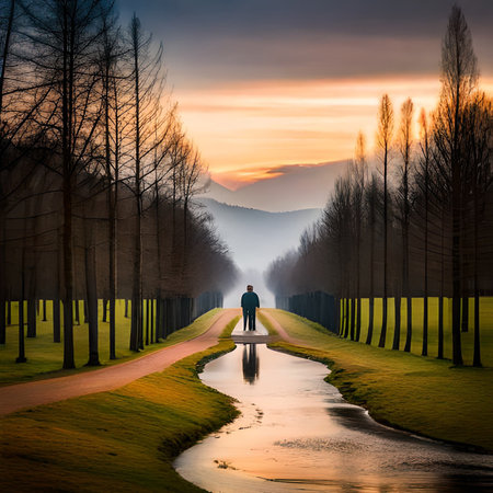Man standing on a path in the middle of the forest and watching the sunsetの素材