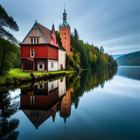 Lake Bled in Slovenia, Europe. Landscape with old wooden church.の素材