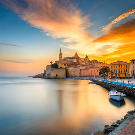 Sunset over the old city of Rovinj, Croatiaの素材