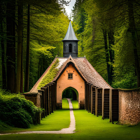 Old wooden church in the middle of a green forest with a pathの素材