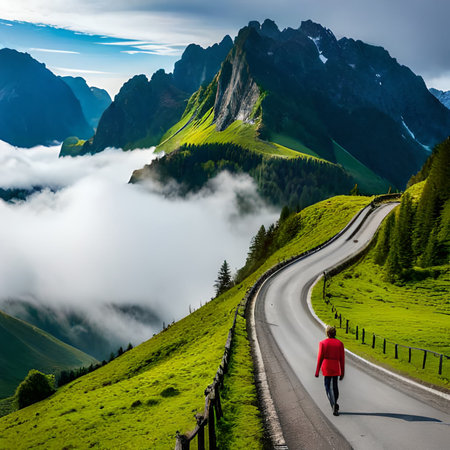 Mountain road in the Dolomites, Italy. The concept of active and extreme tourismの素材