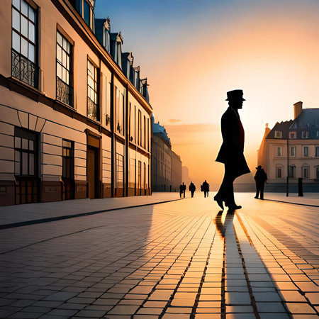 Silhouette of a man walking on a city street at sunset.の素材