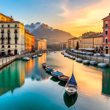 Sunset in the city of Como, Italy. Panoramic view of the old town.の素材