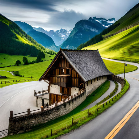 Wooden house on the road in the Swiss Alps, Switzerland.の素材