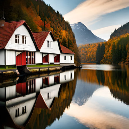 Wooden houses on the shore of a mountain lake in autumn.の素材