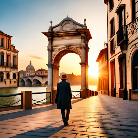 Venice, Italy. Young man in a hat standing on the bridge over the Grand Canal at sunset.の素材
