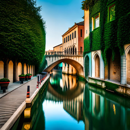 Beautiful view of the canal and bridge in Bologna, Italyの素材