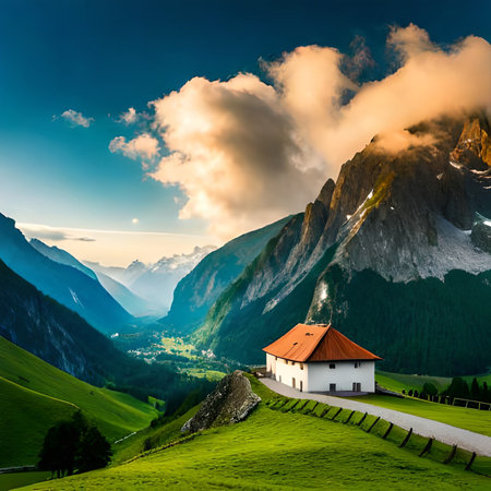 Idyllic mountain landscape with small chapel in Dolomites, Italyの素材