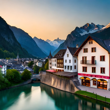 Hallstatt, Austria. Panoramic view of Hallstatt village at sunset.の素材