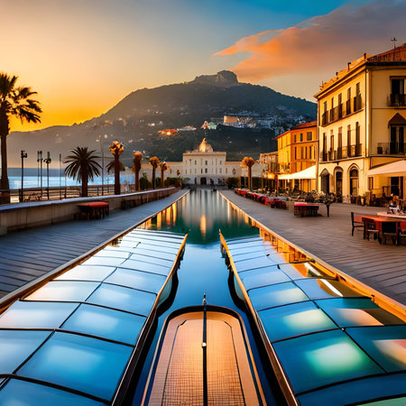 Lugano, Switzerland. Cityscape of Lugano at sunset.の素材