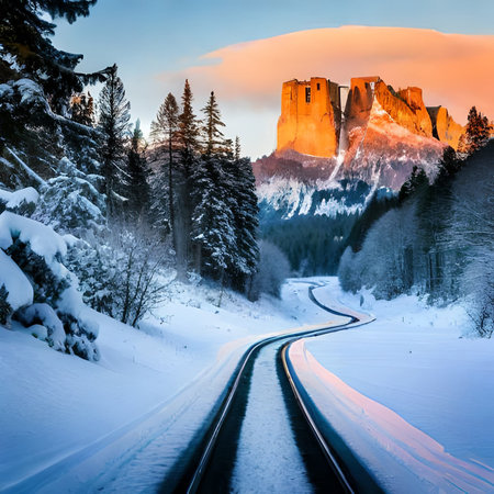 Beautiful winter landscape in the mountains with snow covered trees and train tracksの素材