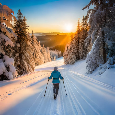 Skier skiing in winter forest at sunset. Beautiful winter landscape.の素材