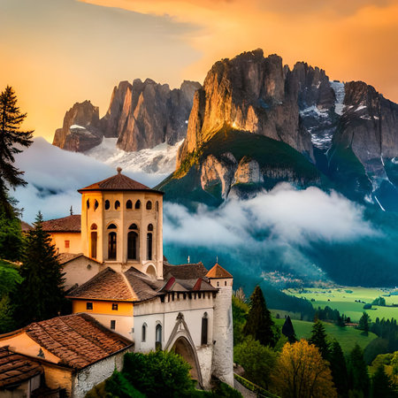Santa Maddalena church at sunrise, Dolomites, Italyの素材