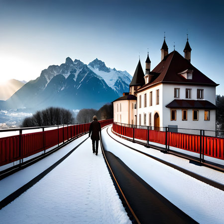 Man on the bridge over the river, Dolomites, Italyの素材