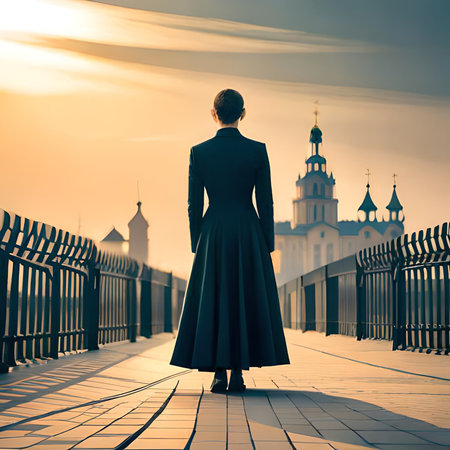 Young woman in a long black dress on the embankment of the Moscow Kremlin.の素材