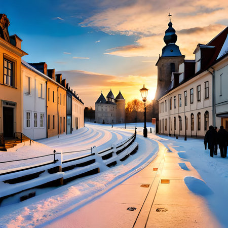 Old town of Tallinn, Estonia. Beautiful winter sunrise in old town.の素材