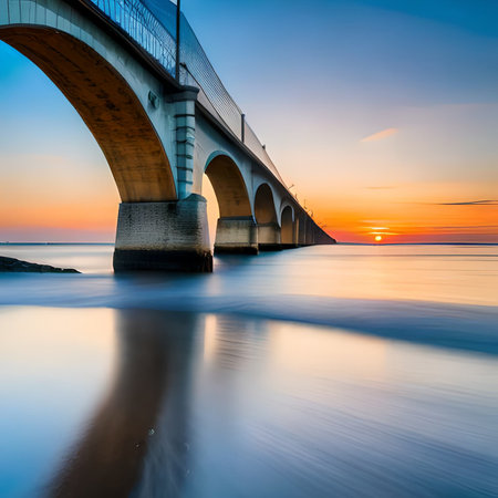 Long exposure of a bridge over the sea at sunset. Long exposure photographyの素材