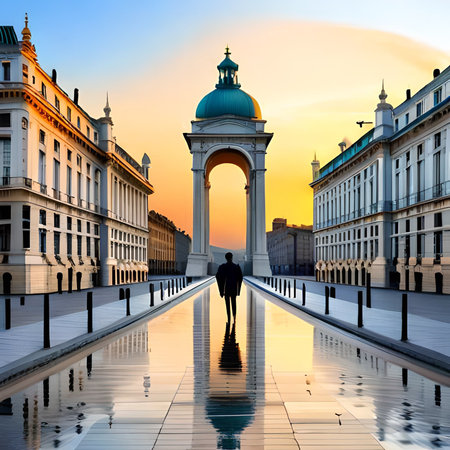 Lonely man standing in front of the Triumphal Arch at sunsetの素材