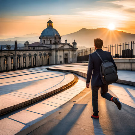 Businessman with a briefcase walking in front of the Cathedral of Santa Maria della Salute at sunset, Sicily, Italyの素材
