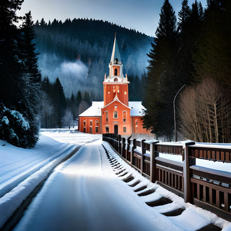 Beautiful view of the old church in the winter mountains. Carpathians, Ukraine.の素材