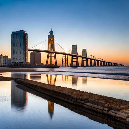 Sunset view of the Bridge of Peace in Lisbon, Portugal.の素材