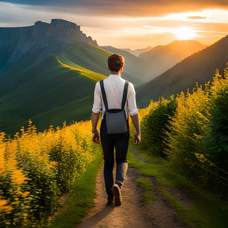 Back view of young man with backpack walking on mountain trail at sunsetの素材