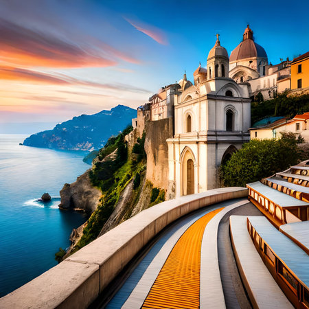Beautiful view of Amalfi Coast in Italy at sunset. Popular travel destination.の素材