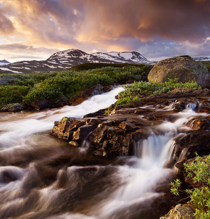Mountain stream in the highlands of Norway. Long exposure.の写真素材