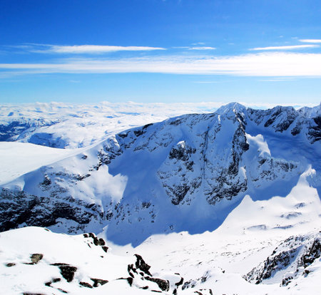 Mountain landscape with snow and clear blue sky. Caucasus Mountains, Georgia, region Gudauri.の写真素材