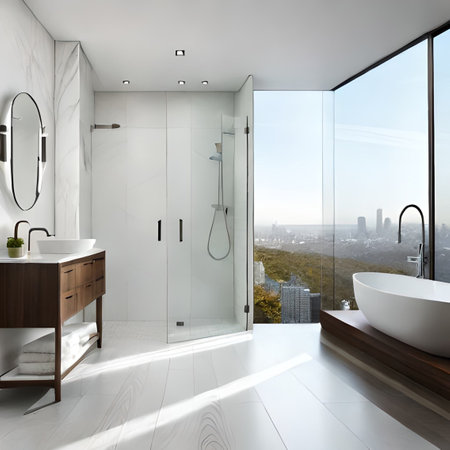 Interior of modern bathroom with white walls, tiled floor, white bathtub and panoramic window with city view. 3d renderingの素材
