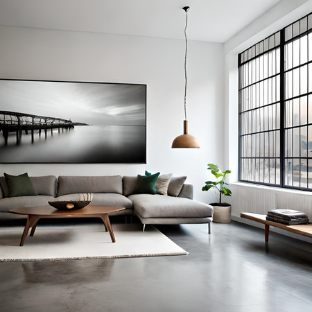 Interior of modern living room with grey sofa and wooden coffee tableの素材