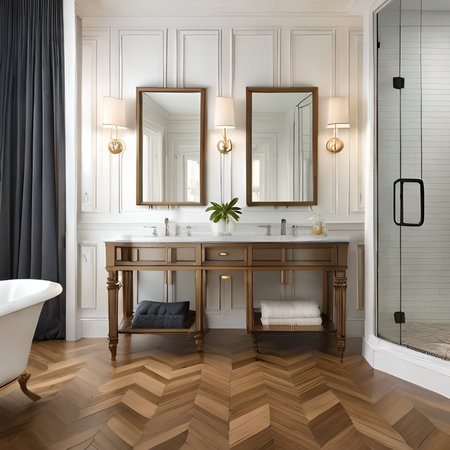 Classic bathroom interior with white walls, wooden floor and white bathtub. 3d renderの素材