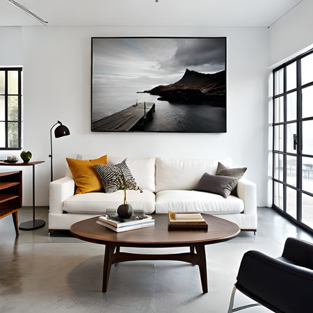 Interior of modern living room with white sofa and black armchairの素材