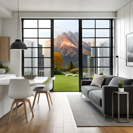 Modern living room interior with a panoramic view of the mountains. 3d renderingの素材