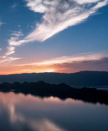 Sunset on the lake in the mountains, natural landscape background.の写真素材