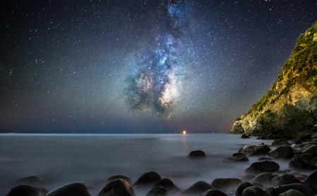 Milky way over the sea. Long exposure photograph. Long exposure photograph.の写真素材