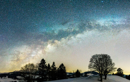 Milky Way over the winter landscape with silhouettes of trees.