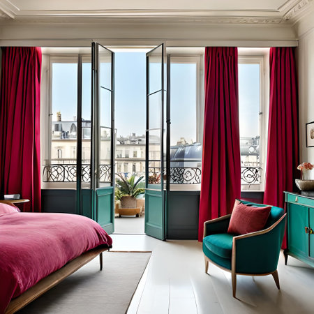 interior of luxury bedroom with green armchair and parisian viewの素材