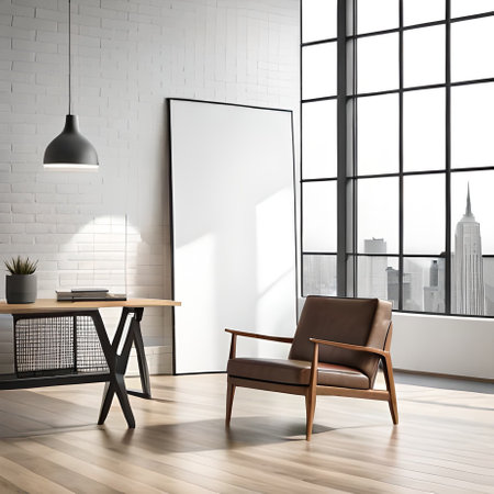 Interior of modern office with white brick walls, wooden floor, comfortable brown armchair standing near the window and mock up poster. 3d renderingの素材