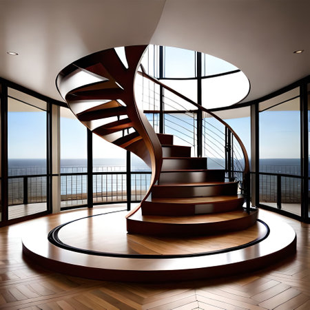 Spiral staircase in a modern interior with panoramic view of the seaの素材